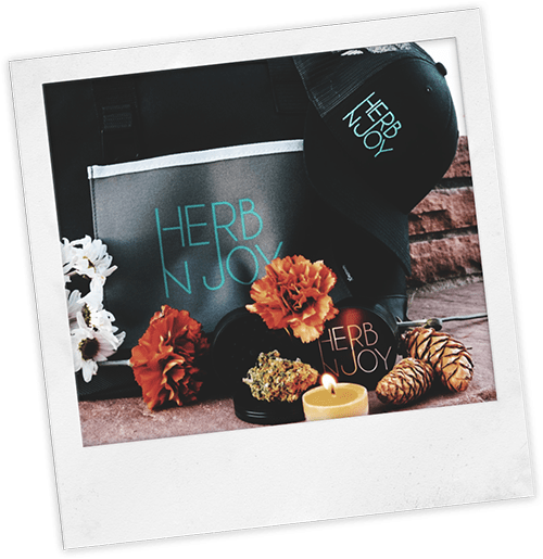 Flowers around an HerbNJoy shopping bag